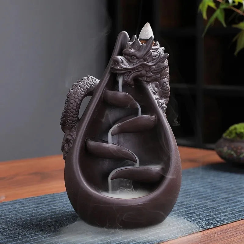 Retro Handmade Ceramic Dragon Waterfall Backflow Incense Burner Zen Incense Stick Holder Censer Living Room Crafts Ornament